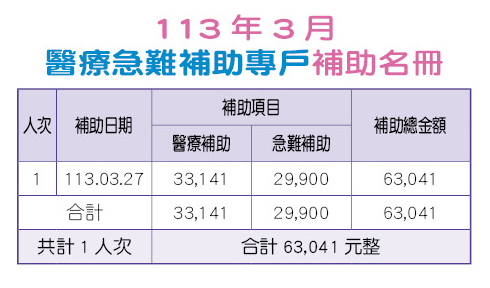 113年3月醫療急難補助專戶補助名冊